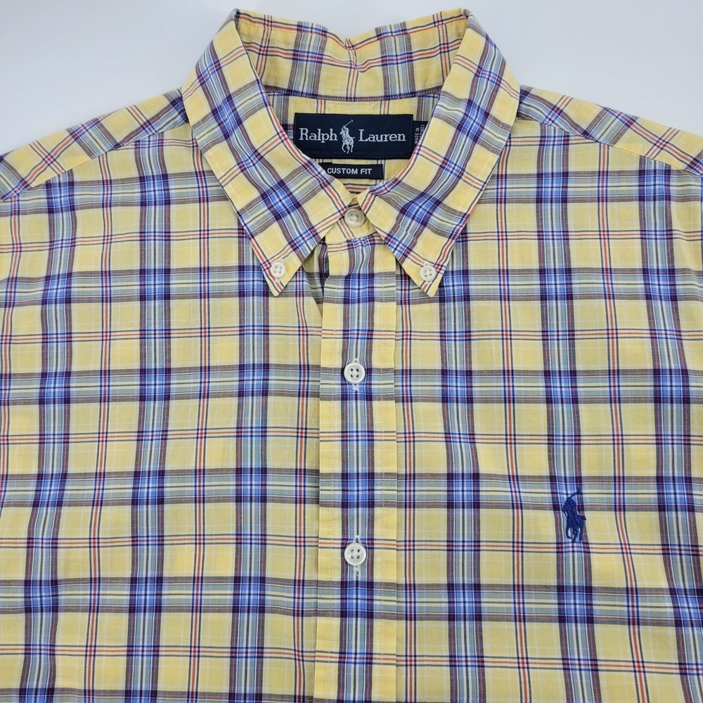 Ralph Lauren Mens Large Preppy Plaid Button Down Shirt Yellow Blue Office Casual